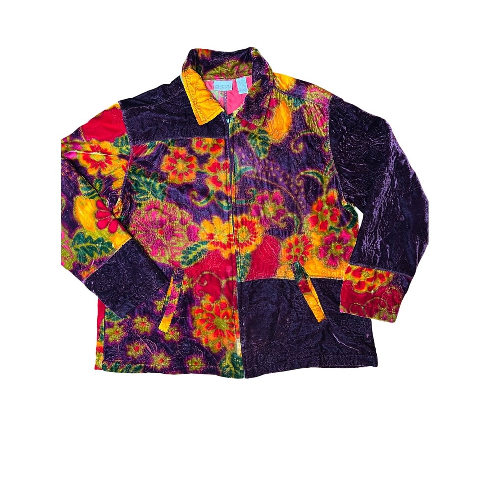 Chico's Velvet Floral Patchwork Rayon Silk Zip Up Bohemian Jacket Women Boho XL